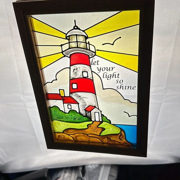 Stained Glass Suncatcher Lighthouse Let your Light so Shine Seagulls B Wood - Picture 1 of 6